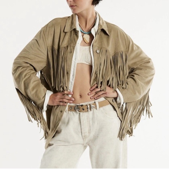 Free People We The Free Fringe Out Vegan Suede Smoked Green Jacket Size Large - Picture 3 of 13